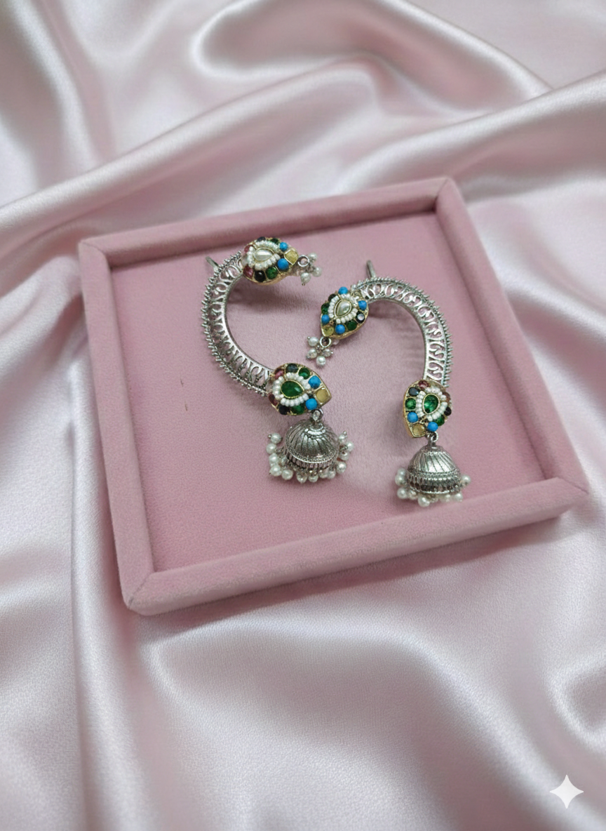 Handcrafted Silver Look Ethinic Ear Cuff Earrings