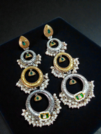 Designer Dual-Tone Green Stone Pearl Long Danglers
