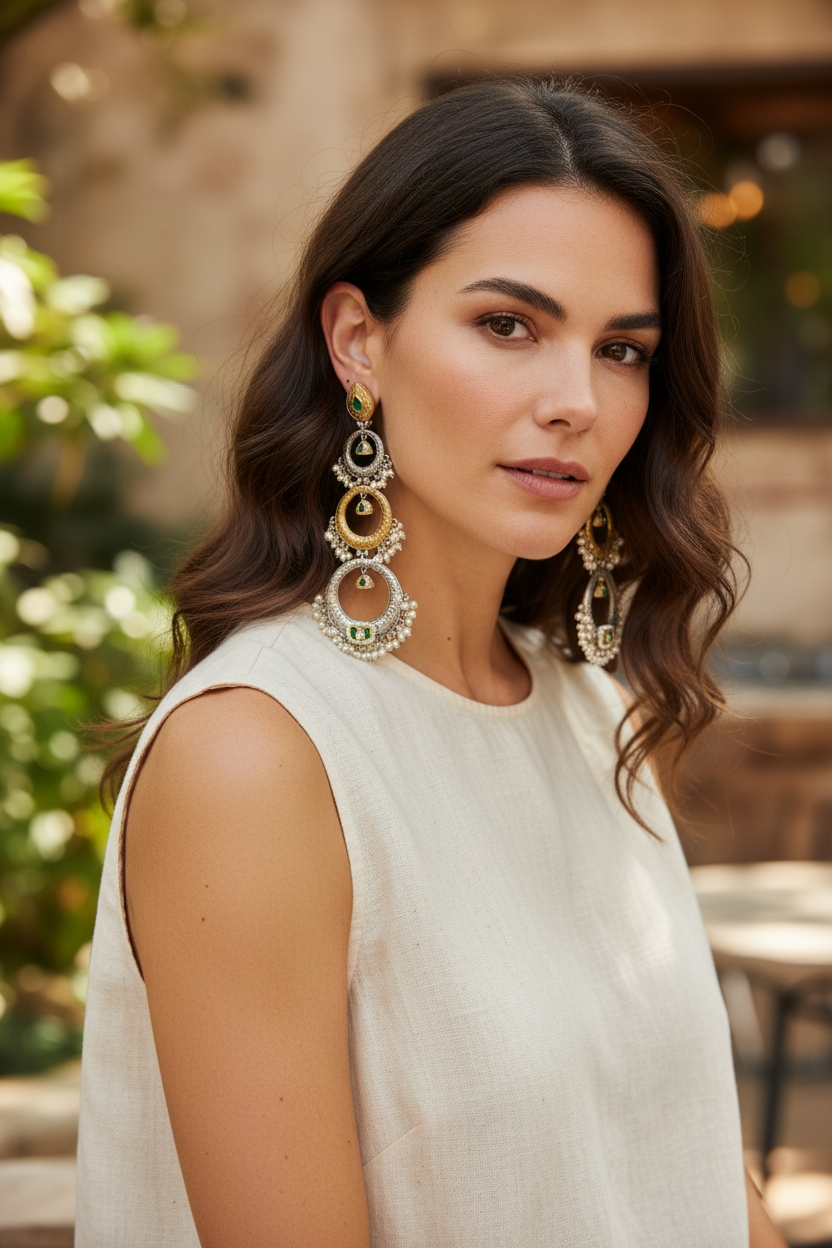 Designer Dual-Tone Green Stone Pearl Long Danglers