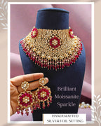 Moissanite Bridal Choker Necklace with Silver Foil Kundan Work & Semi-Precious Stones