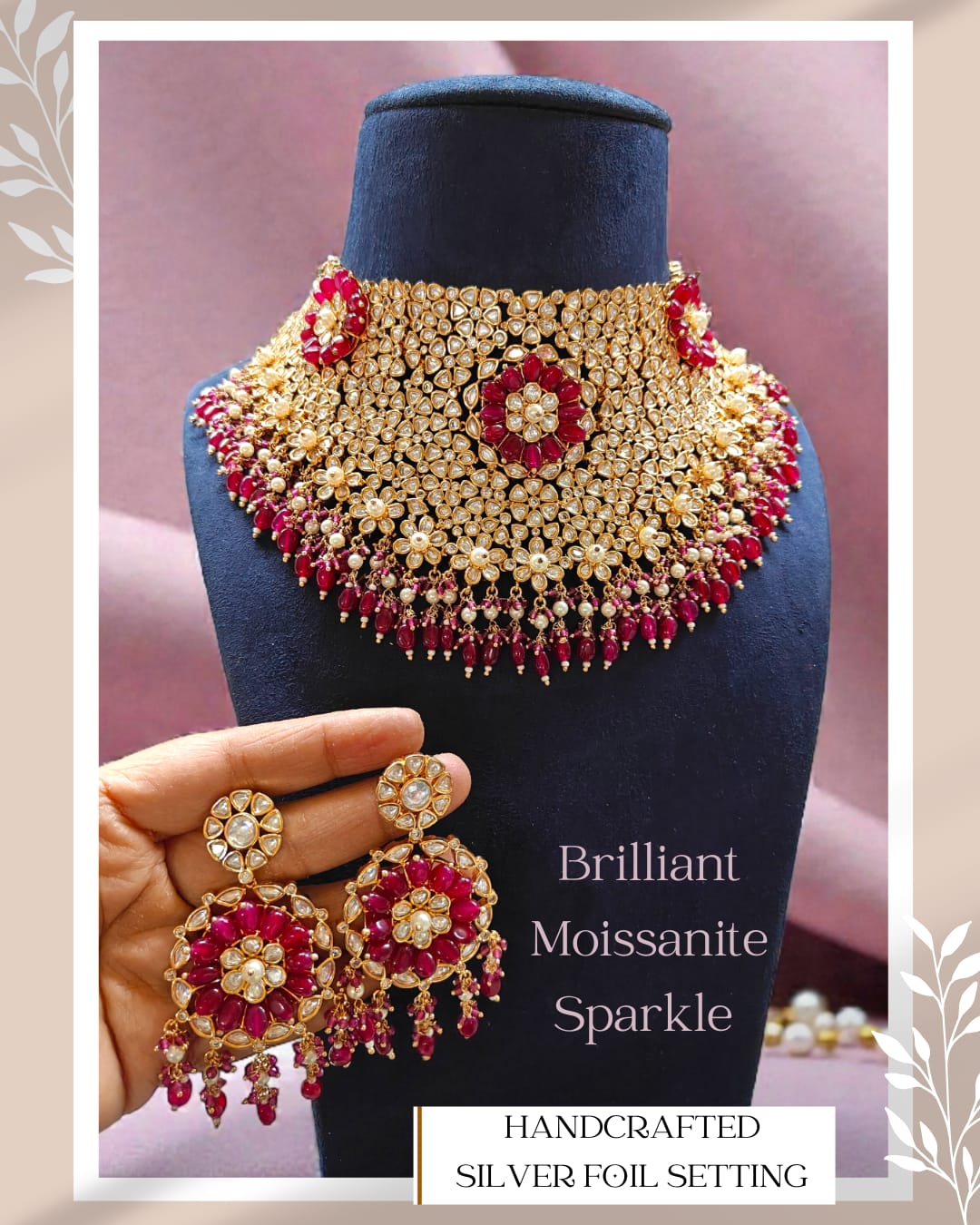 Moissanite Bridal Choker Necklace with Silver Foil Kundan Work & Semi-Precious Stones